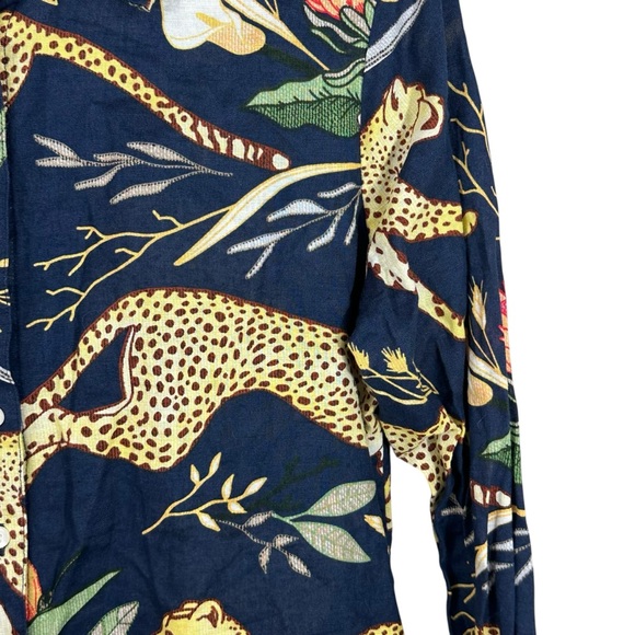 Las Surenas Cheetah Running Linen Blend Button Down Shirt Size Large - Picture 6 of 7